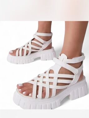 White Strappy Platform Sandals - Women's Chunky Gladiator Style